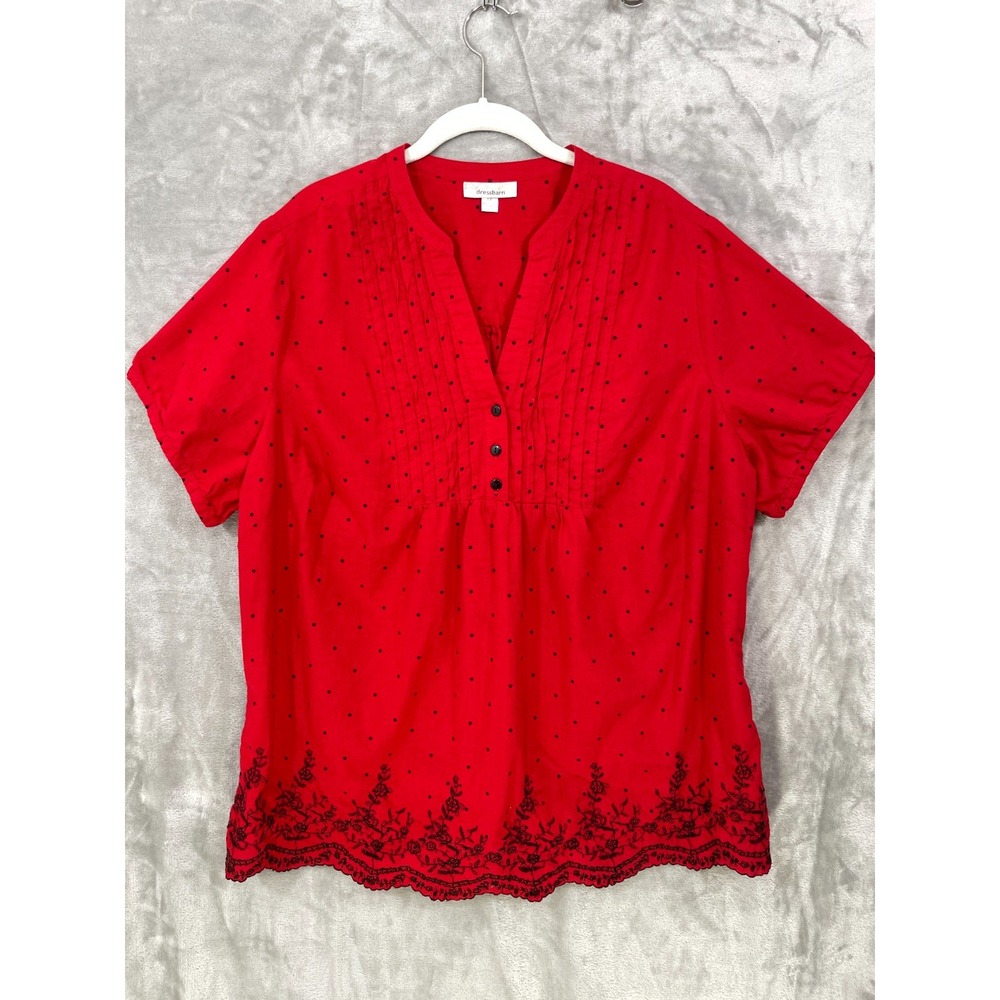 DRESSBARN Woman's Peasant-Style Top 2X  Red Black Embroidered V-Neck Pleated